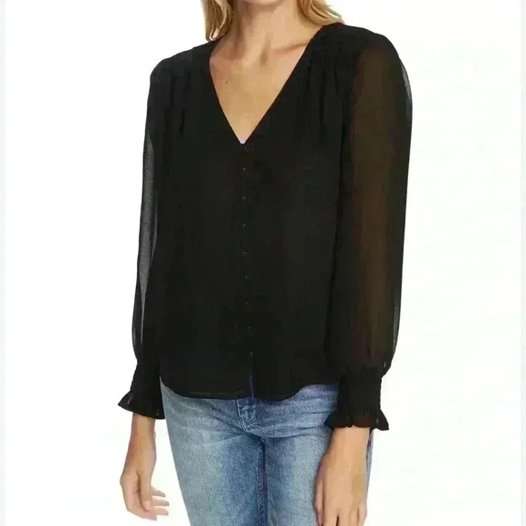 NWT 1. State Women’s Smocked Detail Button Up Blouse in Black Size X-Small - Picture 1 of 12